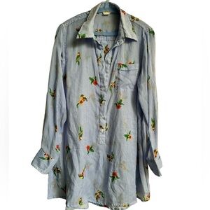 Blue And White Stripe Long Sleeve Tunic Beach Swimsuit Coverup Tropical Medium